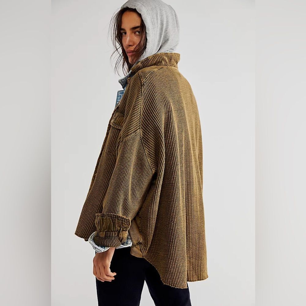 FP Free People Scout Jacket Waffle Knit Oversized Layering Shirt Green Small - Picture 5 of 16